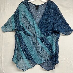 Vintage RQT Blue Mixed Print Sheer Blouse | 3X | Coastal Grandmother Boho, Fairy